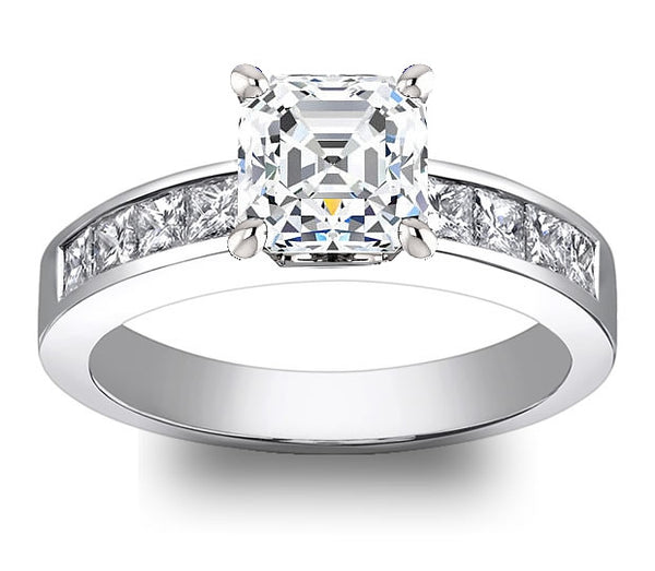 1.30ct (6.5mm) Asscher  14K White Gold Princess Channel-Set Moissanite Engagement Ring