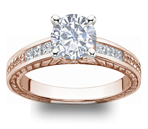 1.00ct (6.5mm) Round  14K Rose Gold Filigree Princess Channel-Set Moissanite Engagement Ring