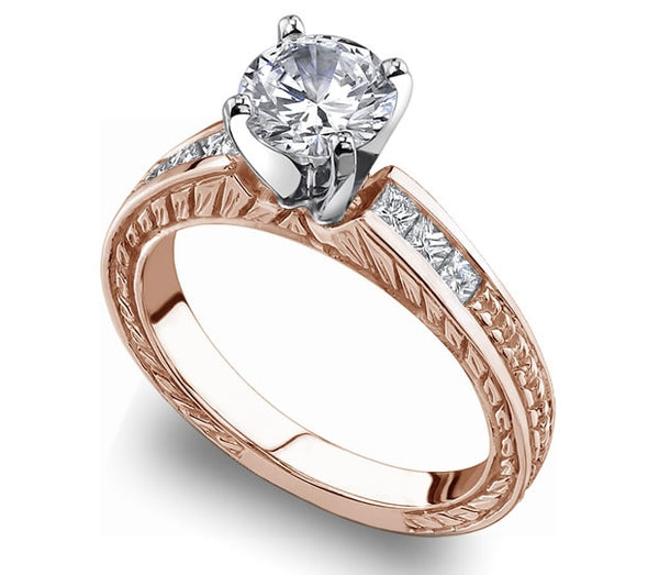 1.00ct (6.5mm) Round  14K Rose Gold Filigree Princess Channel-Set Moissanite Engagement Ring