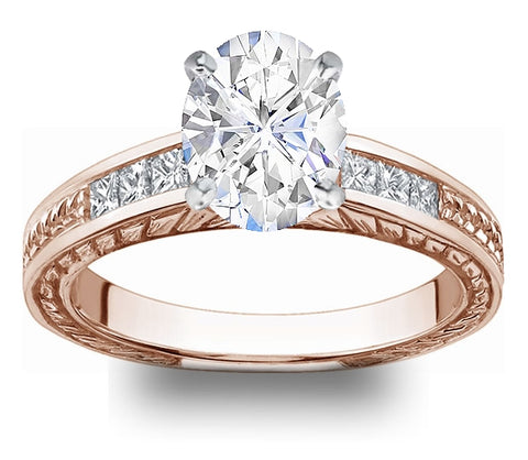 0.90ct (7.0x5.0mm) Oval  14K Rose Gold Filigree Princess Channel-Set Moissanite Engagement Ring