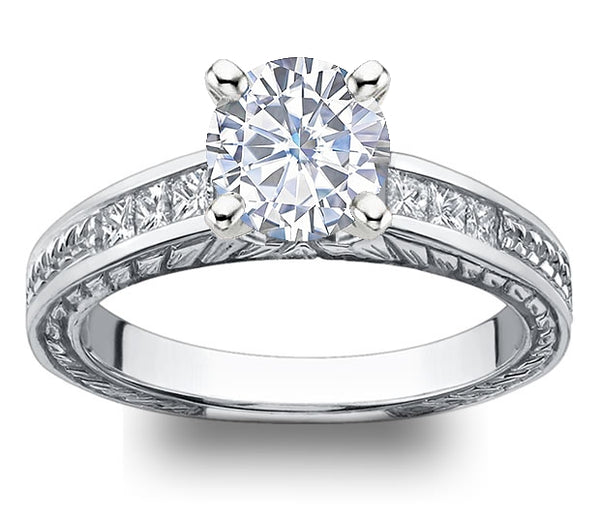 1.00ct (6.5mm) Round  14K White Gold Filigree Princess Channel-Set Moissanite Engagement Ring