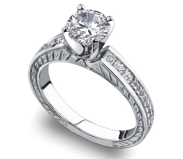 1.00ct (6.5mm) Round  14K White Gold Filigree Princess Channel-Set Moissanite Engagement Ring