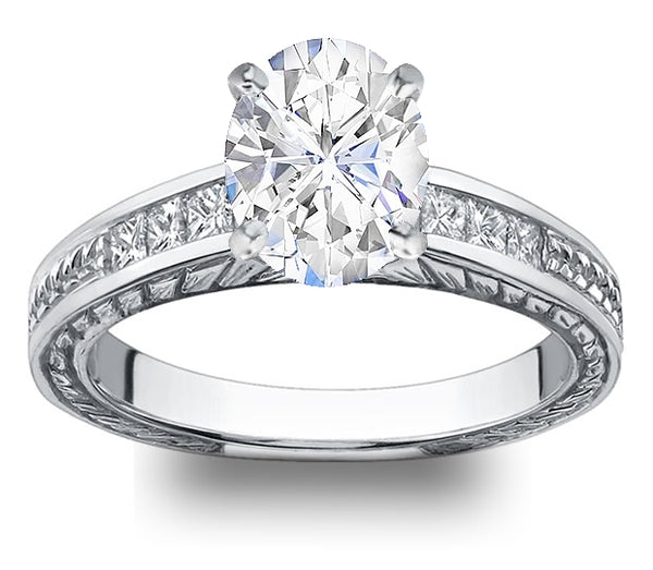 0.90ct (7.0x5.0mm) Oval  14K White Gold Filigree Princess Channel-Set Moissanite Engagement Ring