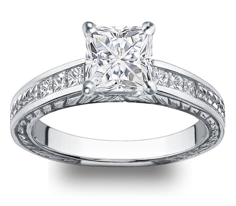 1.30ct (6.0mm) Princess  14K White Gold Filigree Princess Channel-Set Moissanite Engagement Ring