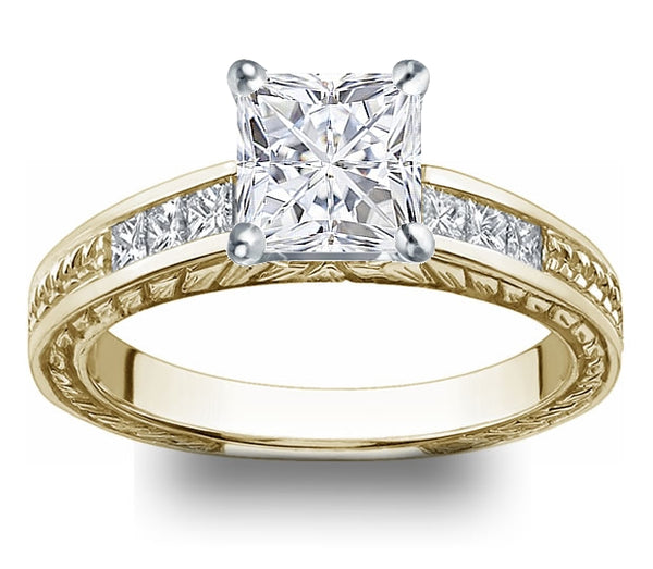 1.30ct (6.0mm) Princess  14K Yellow Gold Filigree Princess Channel-Set Moissanite Engagement Ring