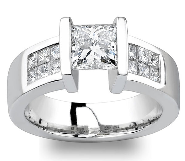 1.30ct (6.0mm) Princess  14K White Gold Tension Engagement Ring with Moissanite Sidestones