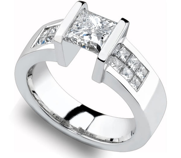 1.30ct (6.0mm) Princess  14K White Gold Tension Engagement Ring with Moissanite Sidestones