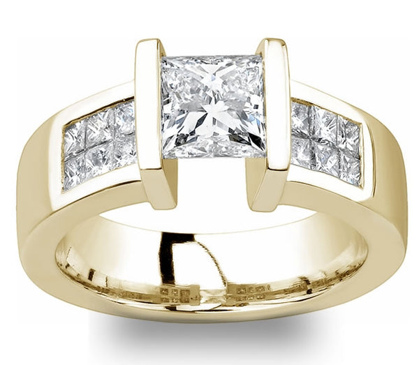 1.30ct (6.0mm) Princess  14K Yellow Gold Tension Engagement Ring with Moissanite Sidestones