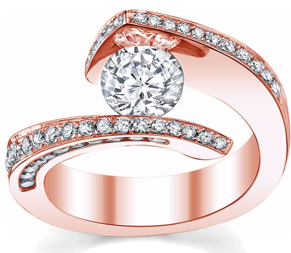 1.00ct (6.5mm) Round  14K Rose Gold Tension Ring with Round Moissanite Sidestones