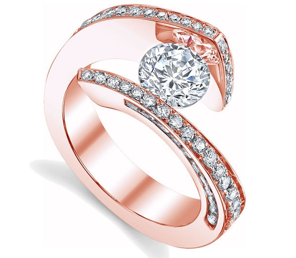 1.00ct (6.5mm) Round  14K Rose Gold Tension Ring with Round Moissanite Sidestones