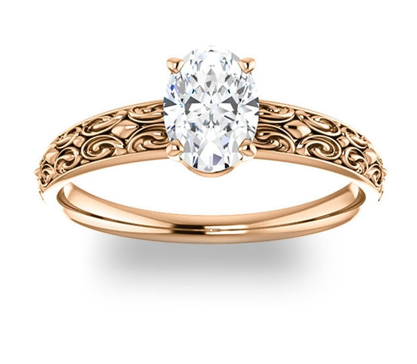 0.90ct (7.0x5.0mm) Oval  14K Rose Gold Vintage Inspired Filigree Solitaire Engagement Ring