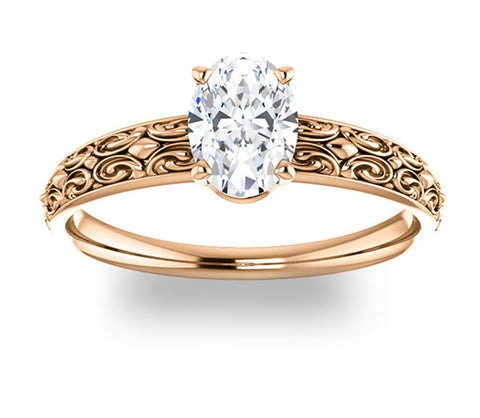 0.90ct (7.0x5.0mm) Oval  14K Rose Gold Vintage Inspired Filigree Solitaire Engagement Ring