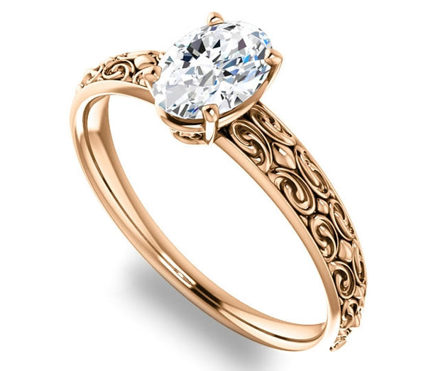 0.90ct (7.0x5.0mm) Oval  14K Rose Gold Vintage Inspired Filigree Solitaire Engagement Ring