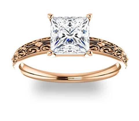 1.30ct (6.0mm) Princess  14K Rose Gold Vintage Inspired Filigree Solitaire Engagement Ring