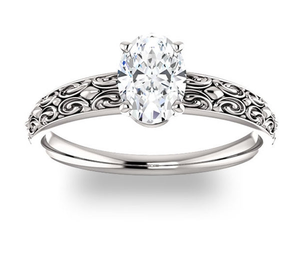 0.90ct (7.0x5.0mm) Oval  14K White Gold Vintage Inspired Filigree Solitaire Engagement Ring