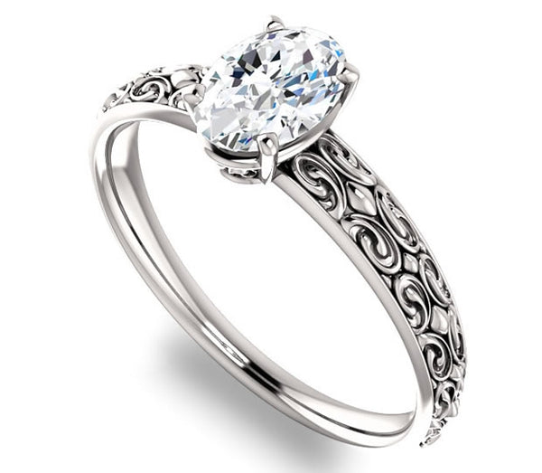 0.90ct (7.0x5.0mm) Oval  14K White Gold Vintage Inspired Filigree Solitaire Engagement Ring