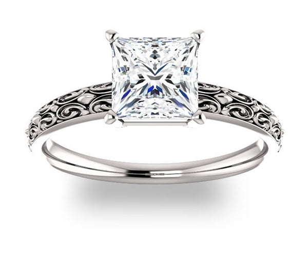 1.30ct (6.0mm) Princess  14K White Gold Vintage Inspired Filigree Solitaire Engagement Ring