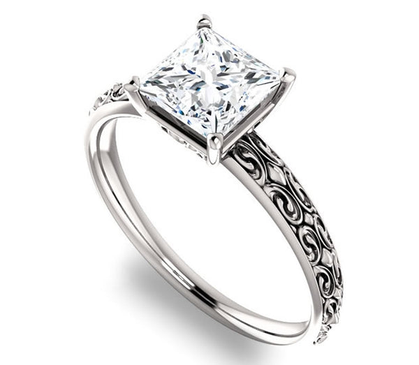 1.30ct (6.0mm) Princess  14K White Gold Vintage Inspired Filigree Solitaire Engagement Ring