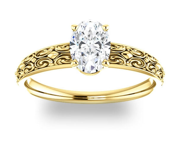 0.90ct (7.0x5.0mm) Oval  14K Yellow Gold Vintage Inspired Filigree Solitaire Engagement Ring