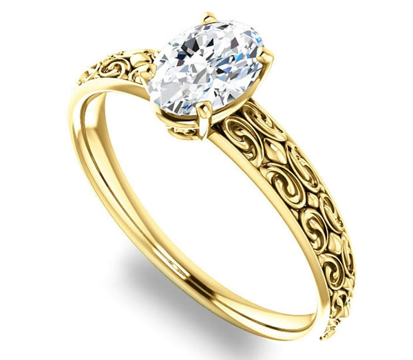 0.90ct (7.0x5.0mm) Oval  14K Yellow Gold Vintage Inspired Filigree Solitaire Engagement Ring