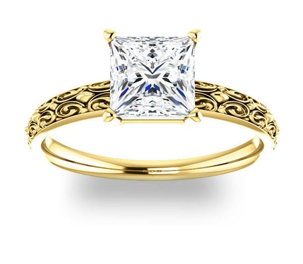 1.30ct (6.0mm) Princess  14K Yellow Gold Vintage Inspired Filigree Solitaire Engagement Ring