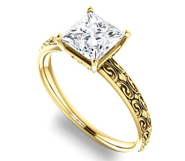 1.30ct (6.0mm) Princess  14K Yellow Gold Vintage Inspired Filigree Solitaire Engagement Ring