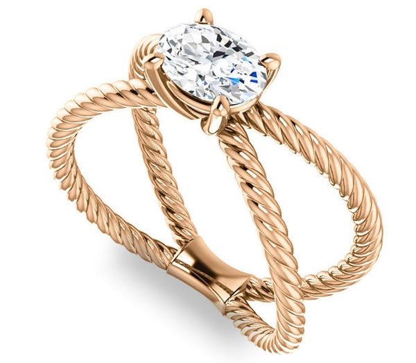 0.90ct (7.0x5.0mm) Oval  14K Rose Gold Cross Rope Solitaire Engagement Ring