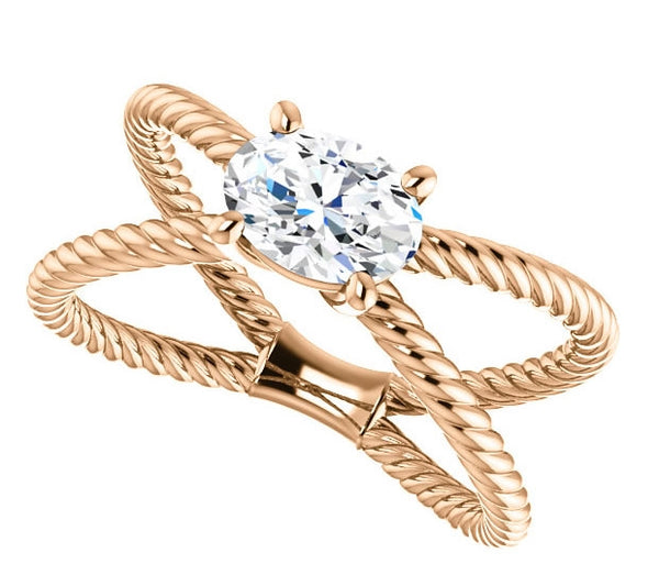 0.90ct (7.0x5.0mm) Oval  14K Rose Gold Cross Rope Solitaire Engagement Ring