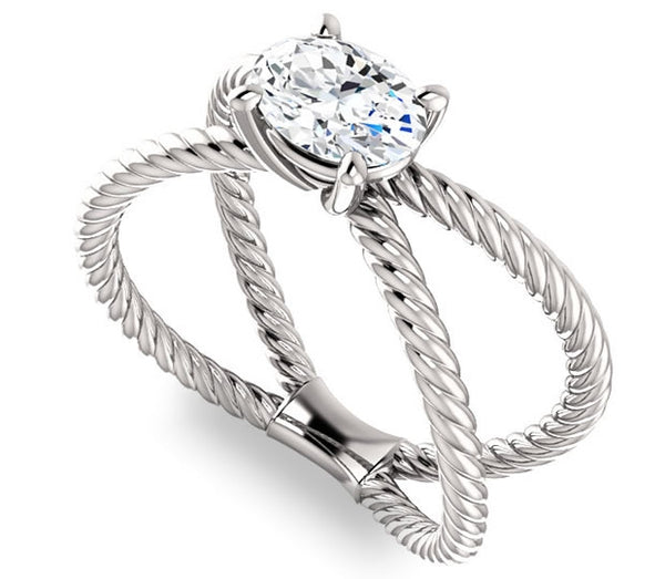 0.90ct (7.0x5.0mm) Oval  14K White Gold Cross Rope Solitaire Engagement Ring