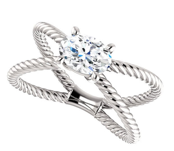 0.90ct (7.0x5.0mm) Oval  14K White Gold Cross Rope Solitaire Engagement Ring