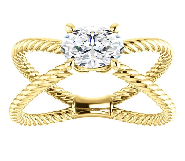 0.90ct (7.0x5.0mm) Oval  14K Yellow Gold Cross Rope Solitaire Engagement Ring