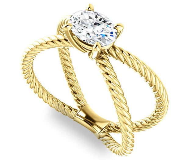 0.90ct (7.0x5.0mm) Oval  14K Yellow Gold Cross Rope Solitaire Engagement Ring