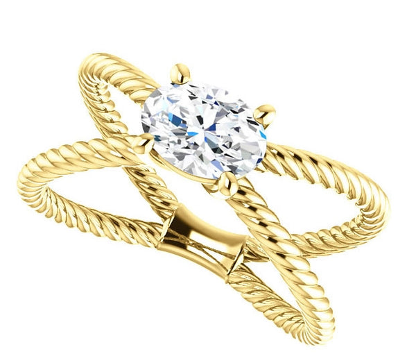 0.90ct (7.0x5.0mm) Oval  14K Yellow Gold Cross Rope Solitaire Engagement Ring