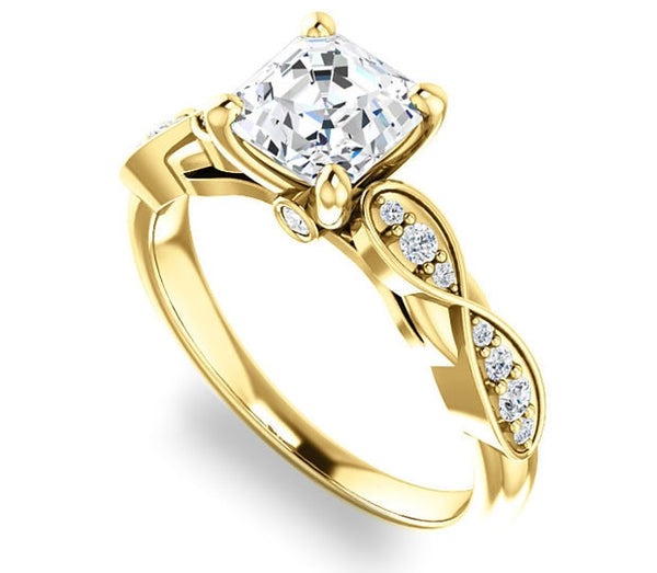 1.30ct (6.5mm) Asscher  14K Yellow Gold Solitaire Engagement Ring with Side Stones