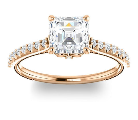 1.30ct (6.5mm) Asscher  14K Rose Gold Brilliant Round Accented Engagement Ring