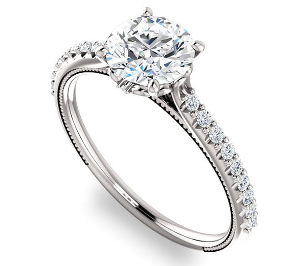 2.70ct (9.0mm) Round Moissanite 14k White Gold Engagement Ring with Lab Created Diamond Accents