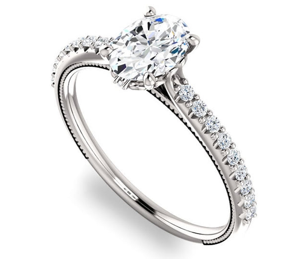 0.90ct (7.0x5.0mm) Oval  14K White Gold Brilliant Round Accented Engagement Ring