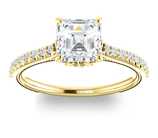 1.30ct (6.5mm) Asscher  14K Yellow Gold Brilliant Round Accented Engagement Ring