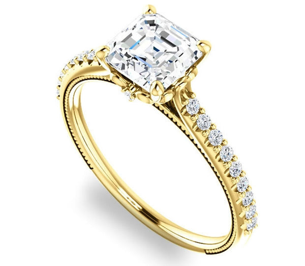 1.30ct (6.5mm) Asscher  14K Yellow Gold Brilliant Round Accented Engagement Ring