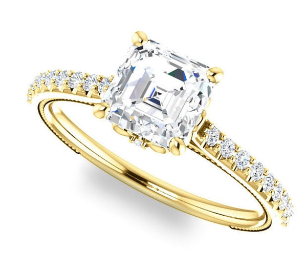 1.30ct (6.5mm) Asscher  14K Yellow Gold Brilliant Round Accented Engagement Ring