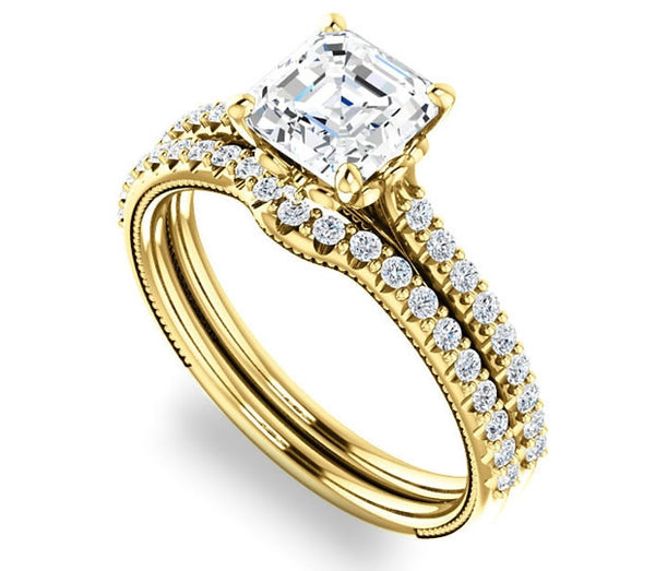 1.30ct (6.5mm) Asscher  14K Yellow Gold Brilliant Round Accented Engagement Ring