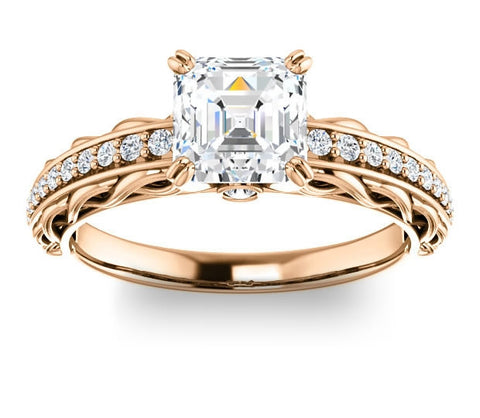 1.30ct (6.5mm) Asscher  14K Rose Gold Accented Entwining Engagement Ring with Side Gems