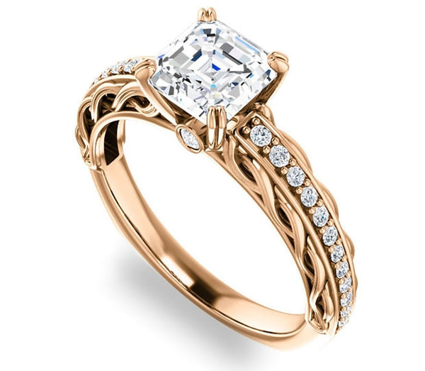 1.30ct (6.5mm) Asscher  14K Rose Gold Accented Entwining Engagement Ring with Side Gems