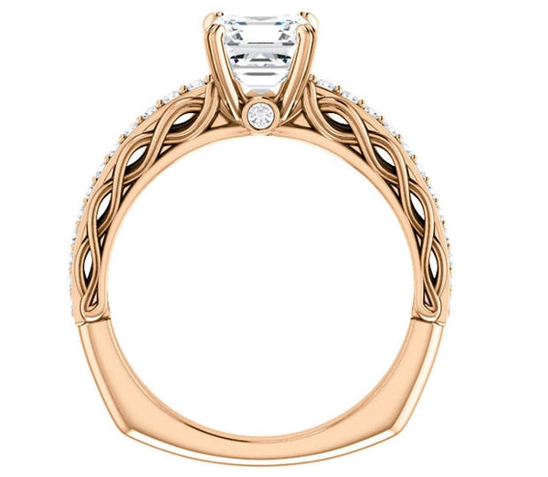 1.30ct (6.5mm) Asscher  14K Rose Gold Accented Entwining Engagement Ring with Side Gems