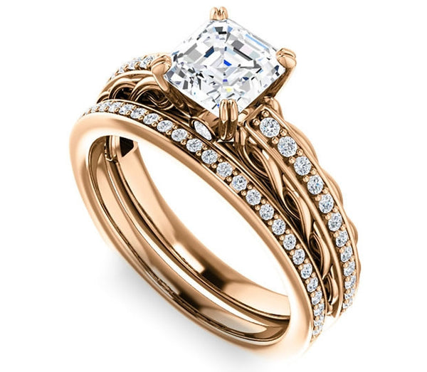 1.30ct (6.5mm) Asscher  14K Rose Gold Accented Entwining Engagement Ring with Side Gems