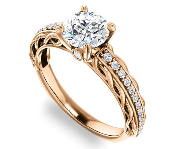 1.00ct (6.5mm) Round  14K Rose Gold Accented Entwining Engagement Ring with Side Gems