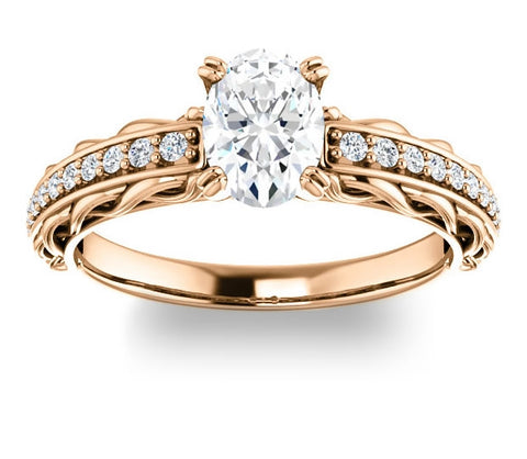 0.90ct (7.0x5.0mm) Oval  14K Rose Gold Accented Entwining Engagement Ring with Side Gems