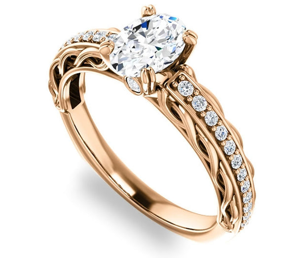 0.90ct (7.0x5.0mm) Oval  14K Rose Gold Accented Entwining Engagement Ring with Side Gems