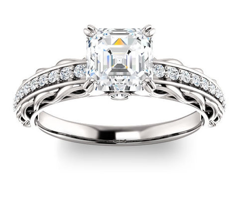 1.30ct (6.5mm) Asscher  14K White Gold Accented Entwining Engagement Ring with Side Gems