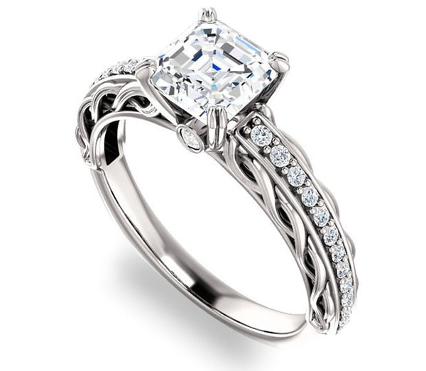 1.30ct (6.5mm) Asscher  14K White Gold Accented Entwining Engagement Ring with Side Gems